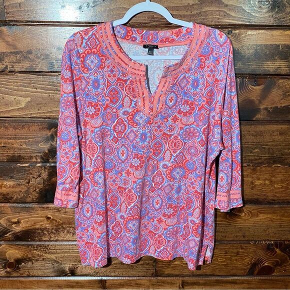 Talbots Pink Paisley Split Neck Pima Cotton Blend 3/4 Sleeve Blouse Women's XLP - Picture 8 of 16